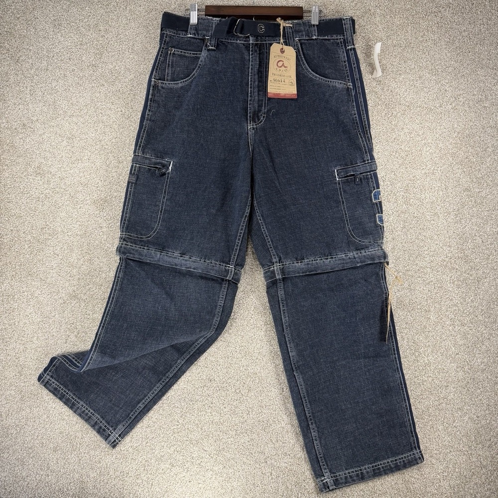 Vtg Y2K APCO Cargo Zip Off Knee Jeans 36x30 Skater Punk Grunge Stripe Shorts